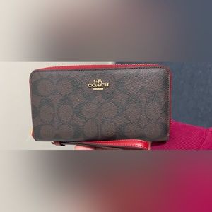Coach C4452 Long Zip Around Wallet Brown Signature Canvas 1941 Red